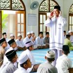 Seorang santri di Pesantren Al-Furqon MBS Cibiuk sedang mengumandangkan adzan dengan khusyuk, sementara santri lainnya mendengarkan dan merespon adzan dengan penuh perhatian.