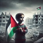 Seorang anak kecil memegang bendera Palestina, berdiri di tengah latar belakang yang suram dan penuh tanda-tanda konflik, dengan bangunan rusak dan langit mendung. Anak tersebut tampak bertekad dan penuh harapan, melambangkan ketahanan dan harapan di tengah perjuangan.